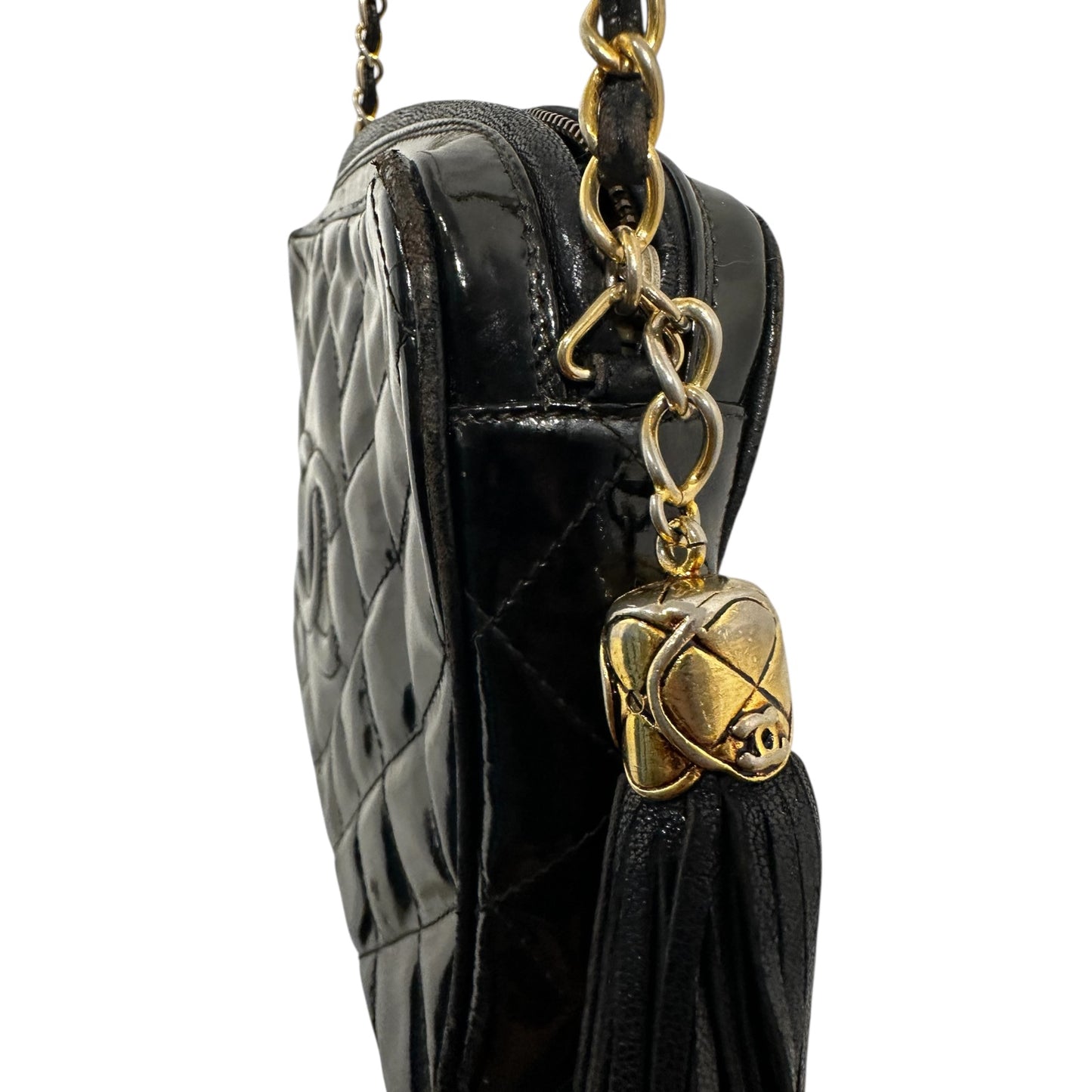 1990s Chanel Black Patent Leather camera bag with gold hardware ***SOLD***