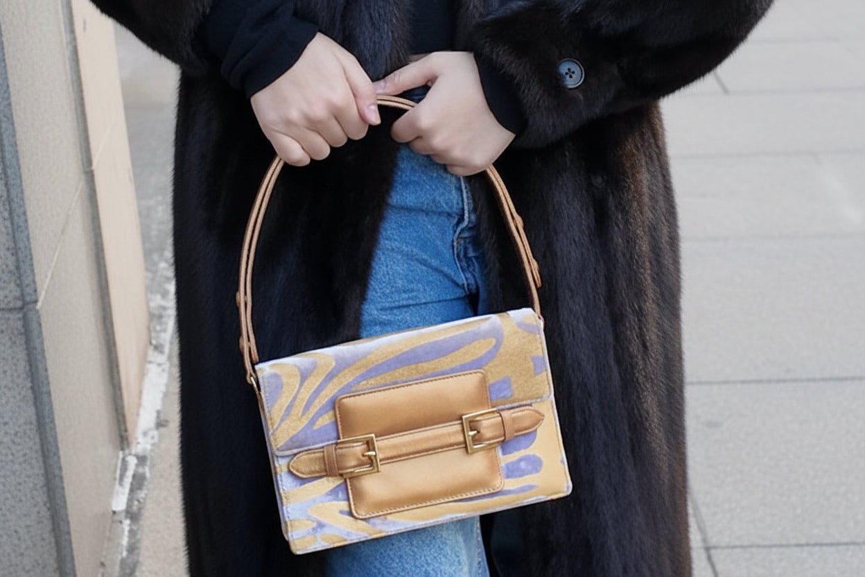 1990s Fendi Lavender and Gold Velvet Animal Print Shoulder Bag