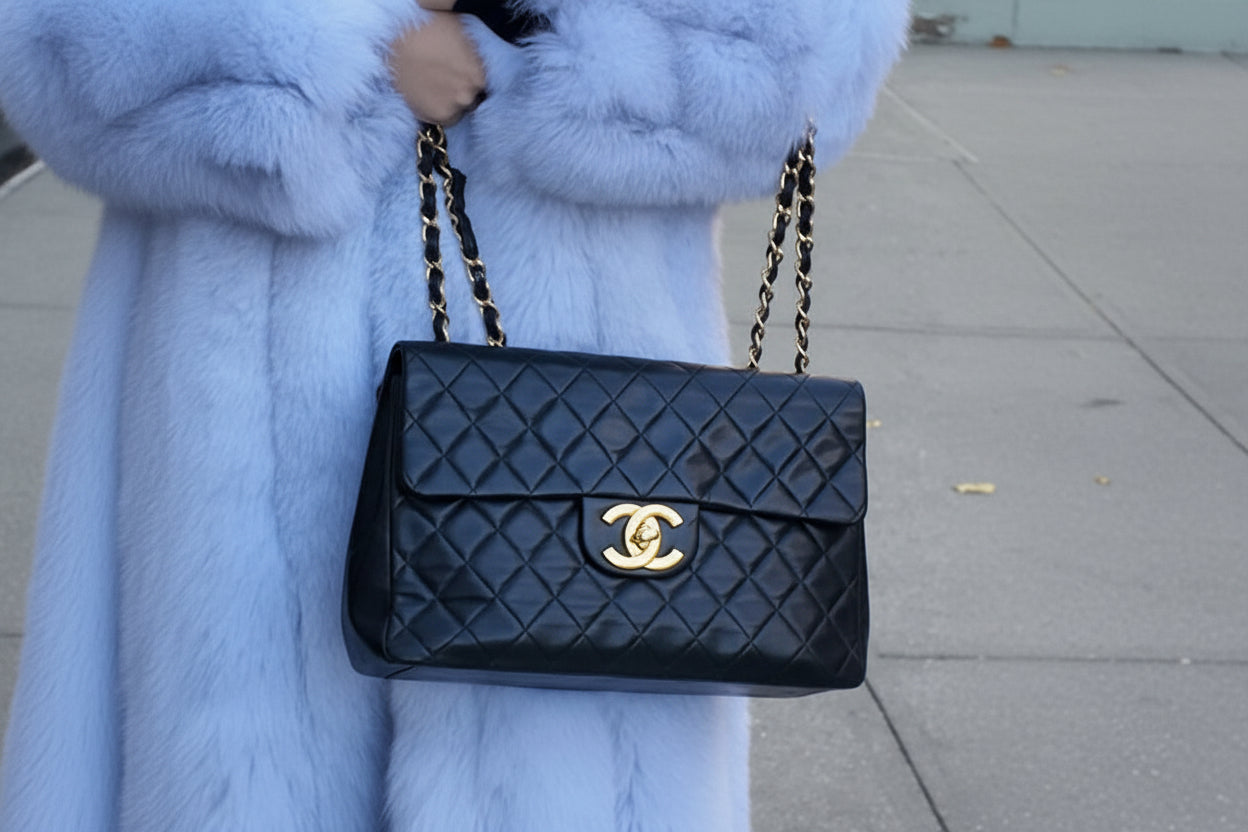 1990s Chanel Jumbo Classic Flap in Black Lambskin with 24kt gold plated hardware.