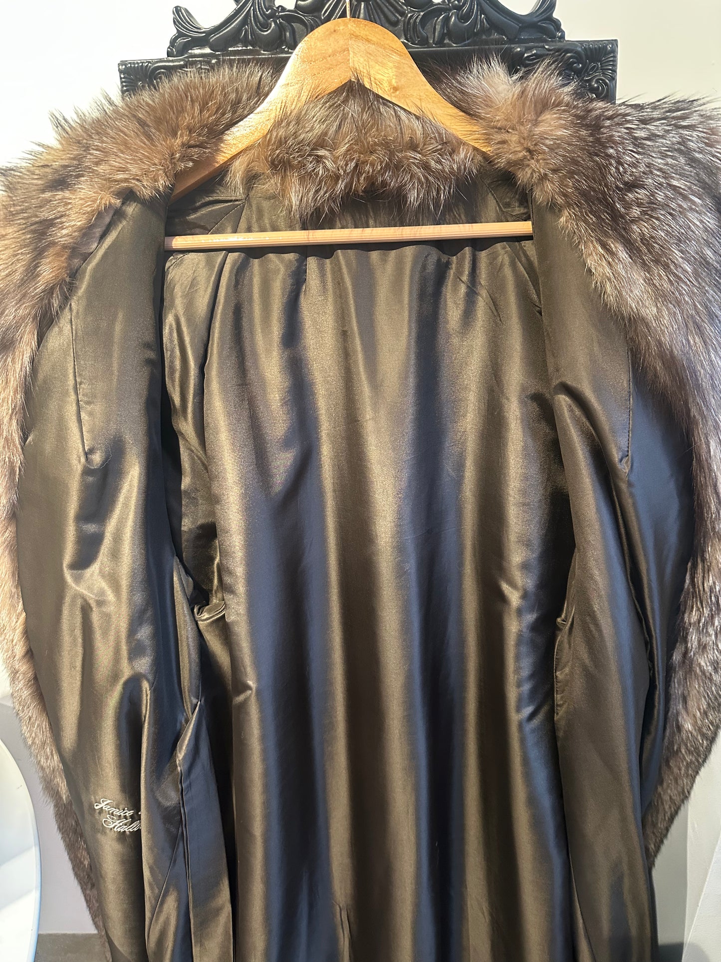 Brown Racoon Fur with Silver Fox Tuxedo Collar Full length