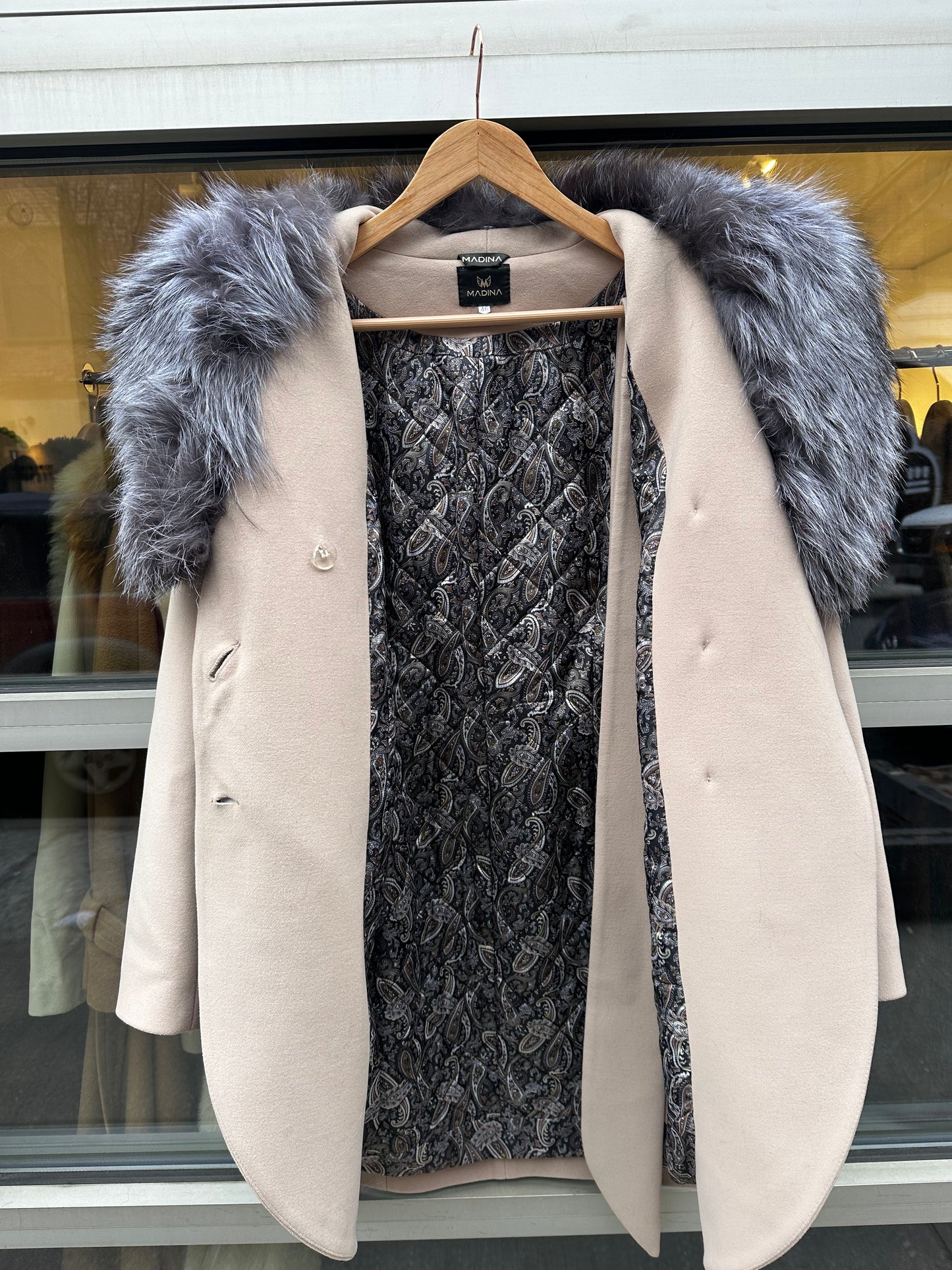 Blush Wool Blend Coat with Silver Fox Fur Collar