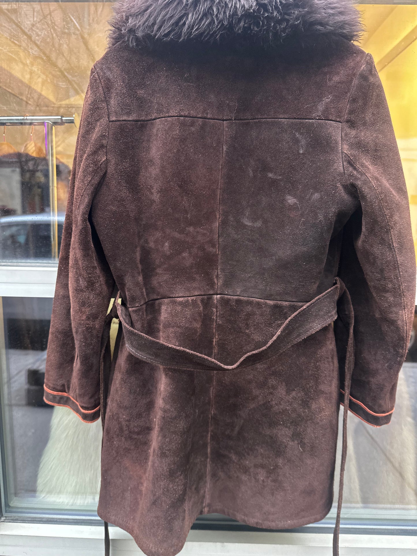 Knee Length Brown Suede Coat Lamb Collar
