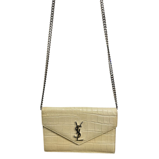 Sain Laurent Kate croc-embossed Cream Colored Leather Evening Bag with Gold Hardware
