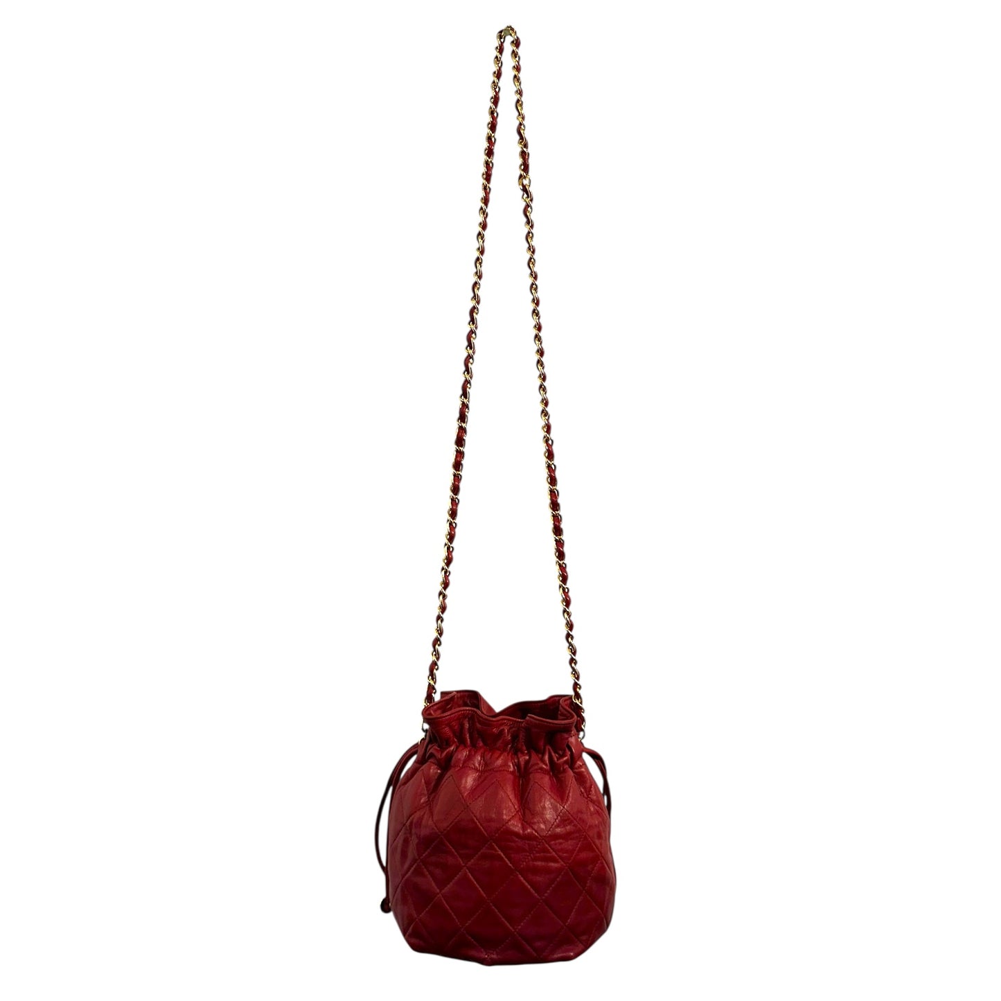 Chanel Red Quilted Lambskin Mini Drawstring Bag with gold hardware