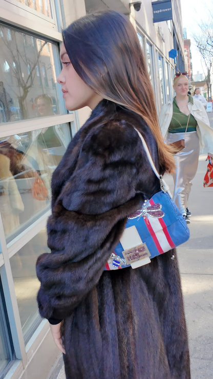 Fendi Beaded Blue and White Satin Baguette with marble closure and Leather Strap ***SOLD***