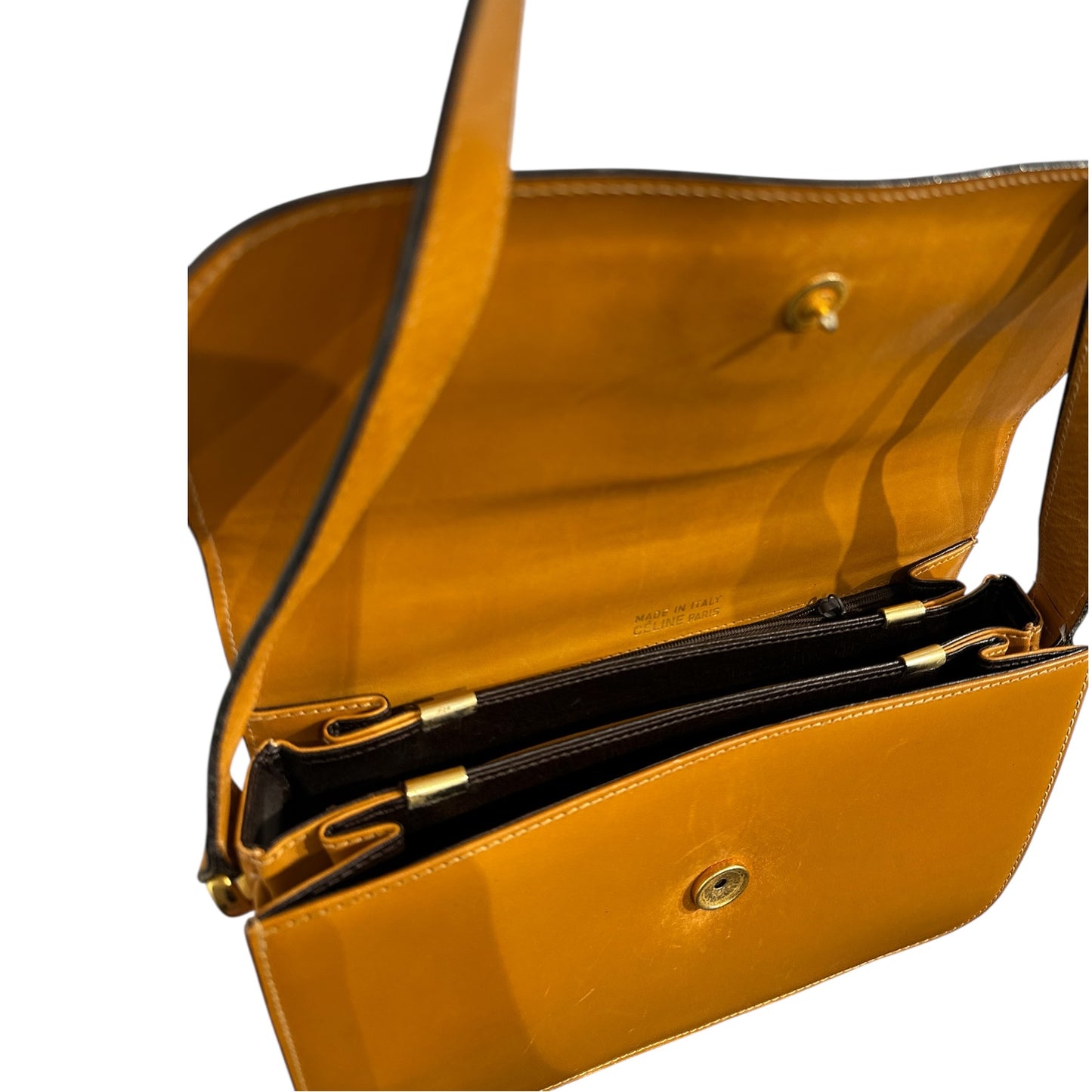 Vintage Celine Tan Leather Shoulder Bag with Gold Hardware.