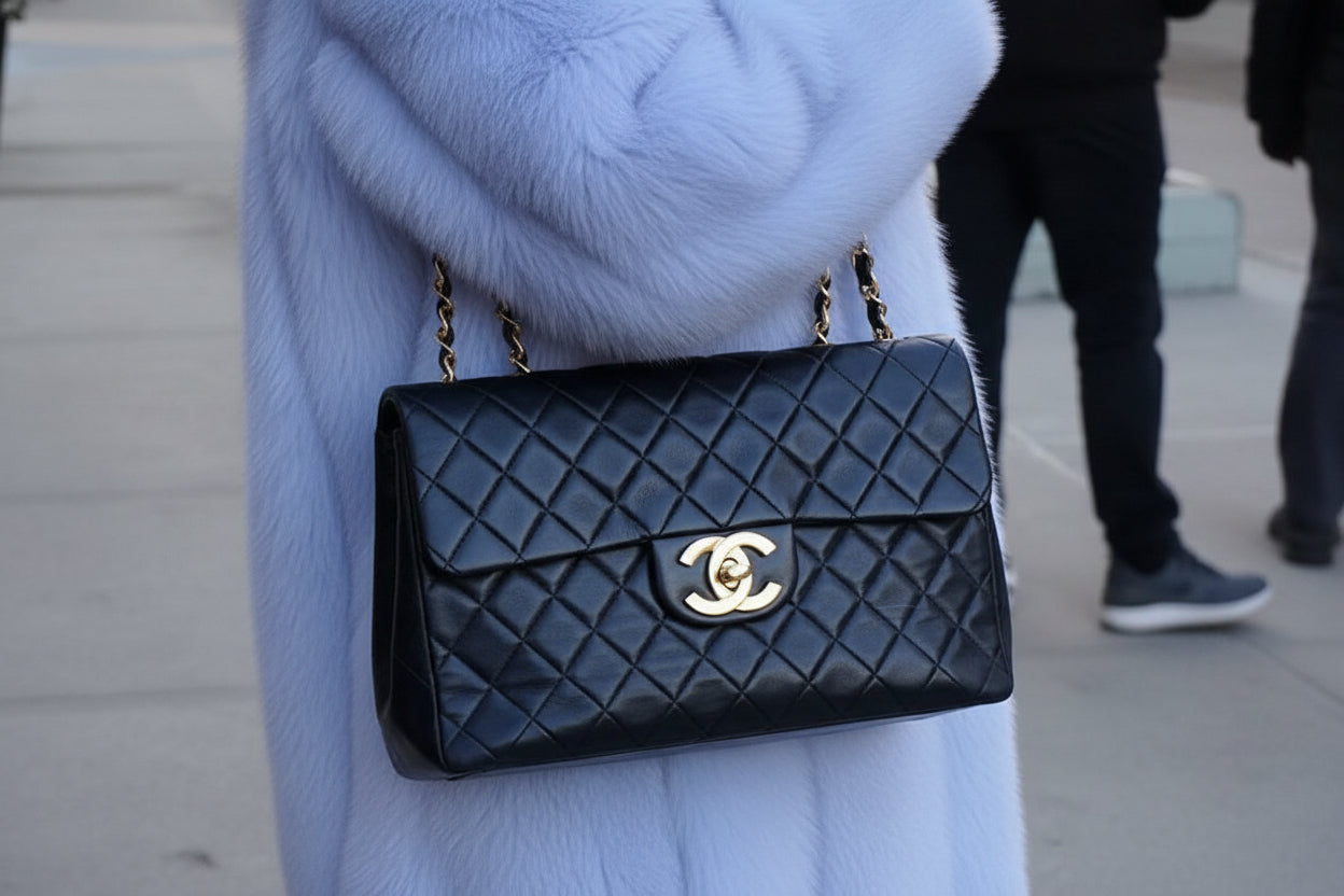 1990s Chanel Jumbo Classic Flap in Black Lambskin with 24kt gold plated hardware.