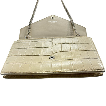 Sain Laurent Kate croc-embossed Cream Colored Leather Evening Bag with Gold Hardware