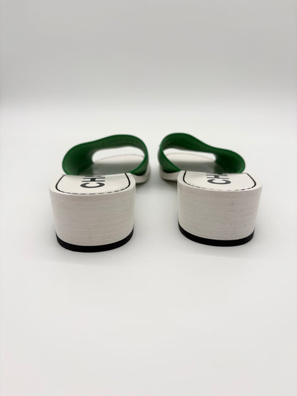 Chanel 22s Green Calfskin Leather White CC Mules slides Sandal Heel EU38