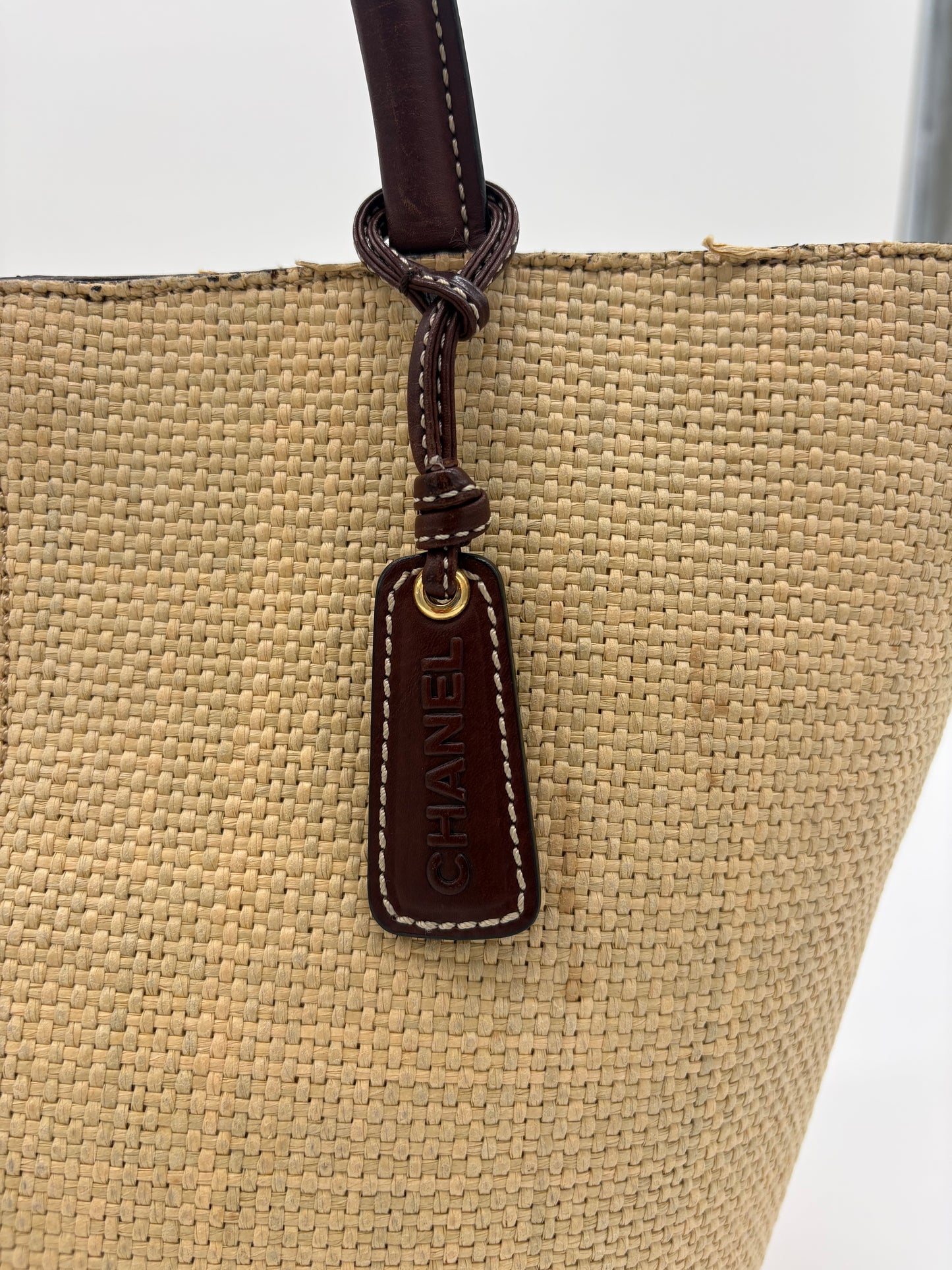 Chanel Raffia and Brown Leather Tote Bag