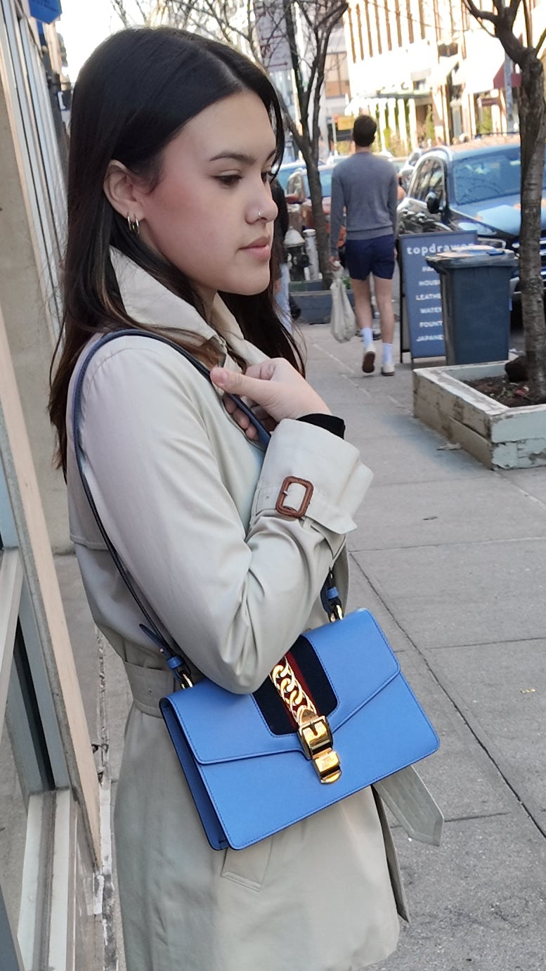 Gucci Sherry Line Blue Leather Bag with Gold Hardware
