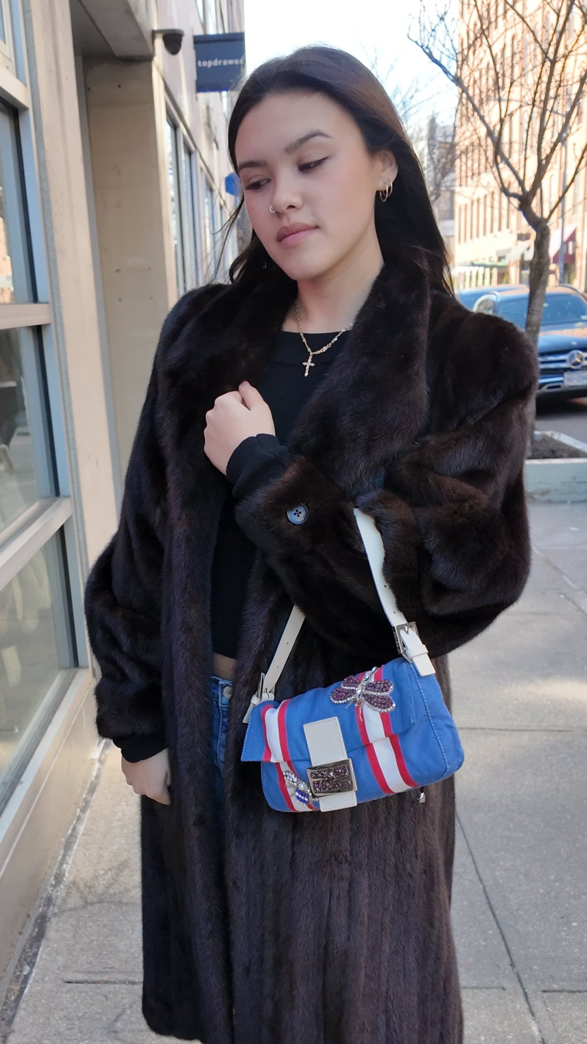 Fendi Beaded Blue and White Satin Baguette with marble closure and Leather Strap ***SOLD***