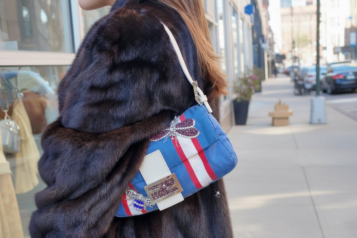 Fendi Beaded Blue and White Satin Baguette with marble closure and Leather Strap ***SOLD***