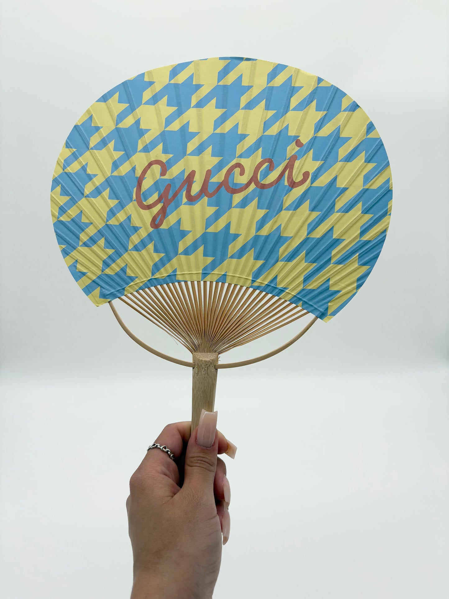 Gucci Novelty Yellow Blue Houndstooth Fan