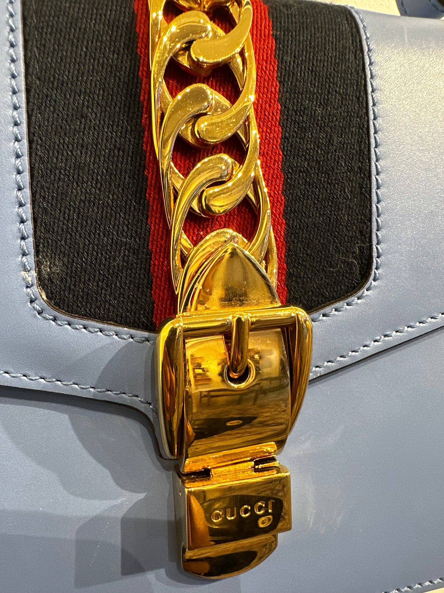 Gucci Sherry Line Blue Leather Bag with Gold Hardware