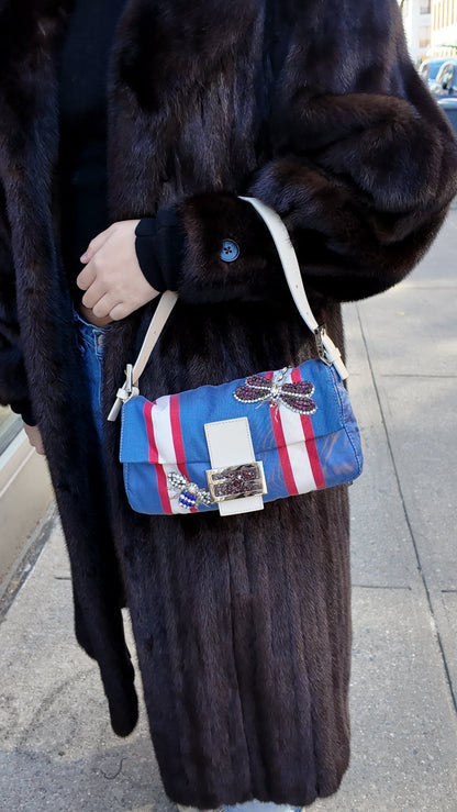 Fendi Beaded Blue and White Satin Baguette with marble closure and Leather Strap ***SOLD***