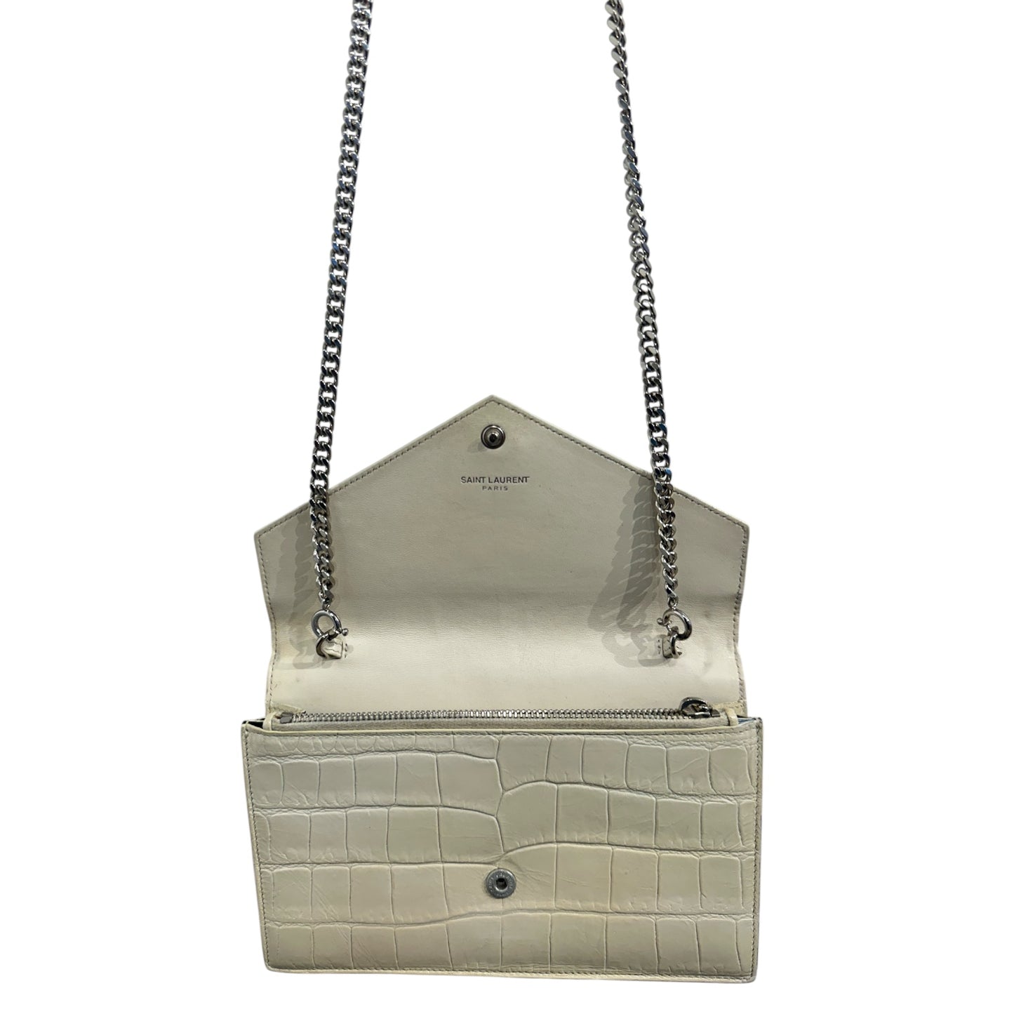 Sain Laurent Kate croc-embossed Cream Colored Leather Evening Bag with Gold Hardware