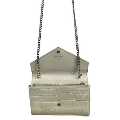 Sain Laurent Kate croc-embossed Cream Colored Leather Evening Bag with Gold Hardware