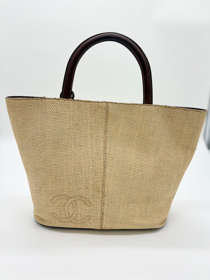 Chanel Raffia and Brown Leather Tote Bag