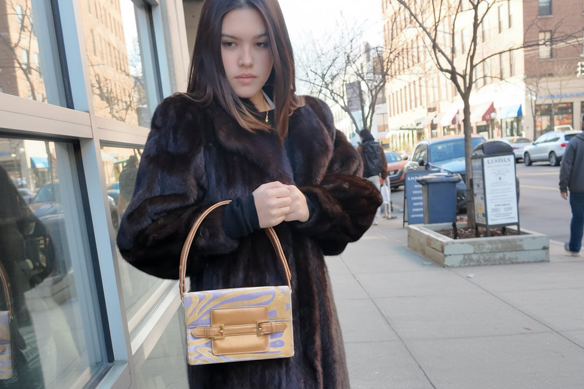 1990s Fendi Lavender and Gold Velvet Animal Print Shoulder Bag