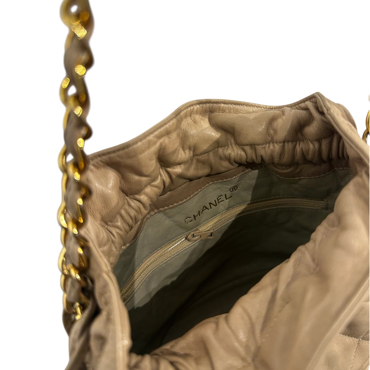 Chanel Beige Quilted Lambskin Mini Drawstring Bag