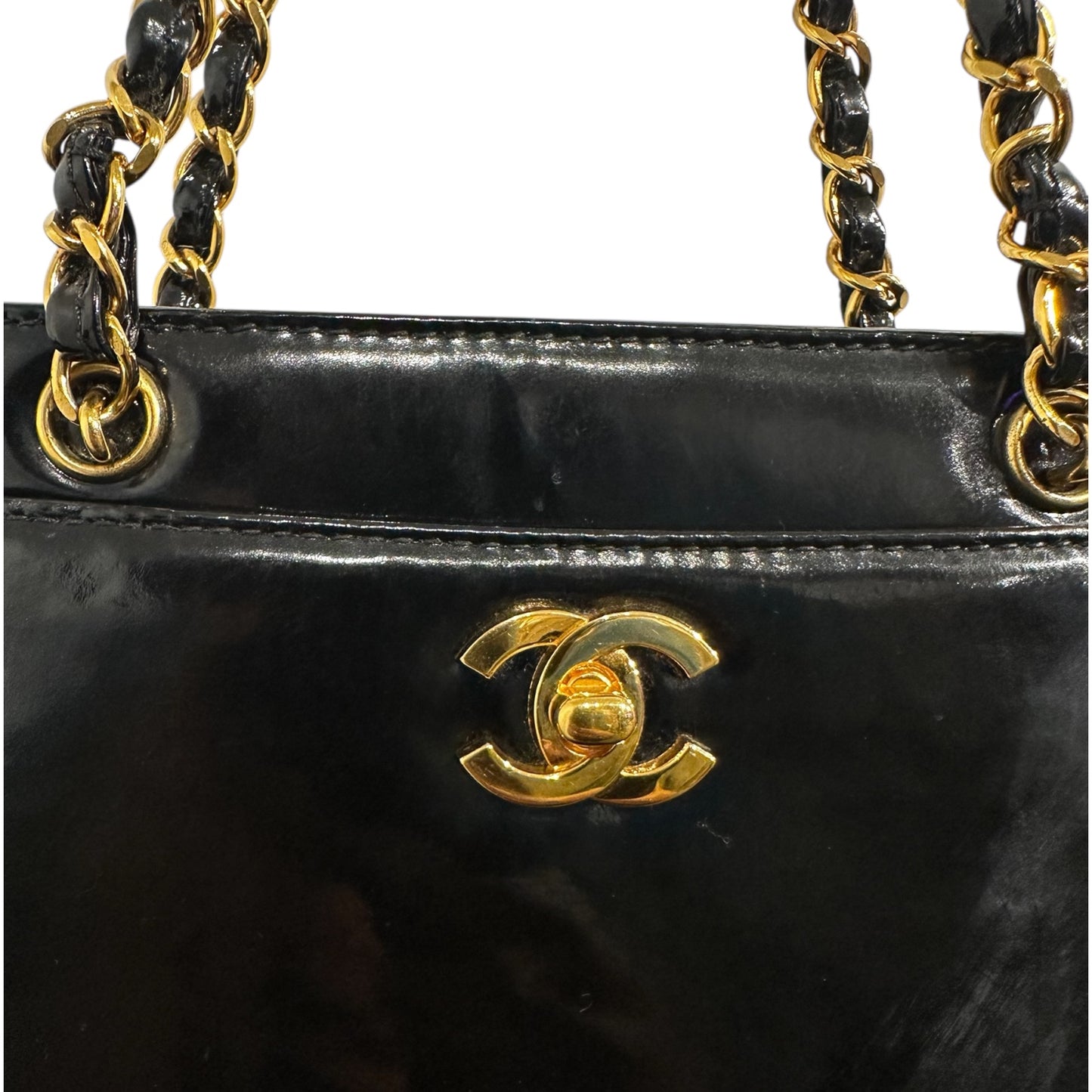 1980s Chanel Black Patent Leather 24K Gold Plated Hardware tote from Karl Lagerfeld era. ***SOLD***