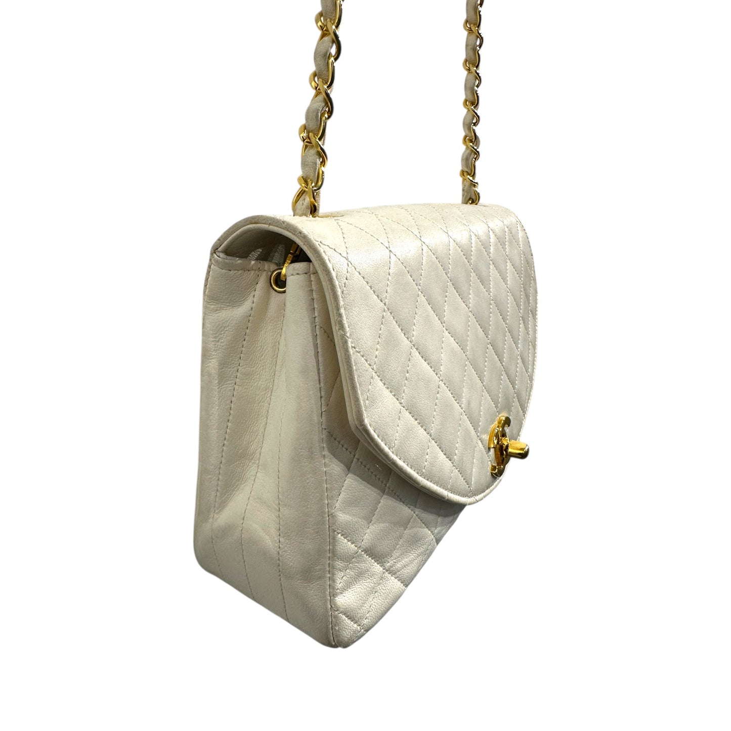 1980s Chanel White Lambskin Diana Flap Bag with 24K gold hardware from Karl Lagerfeld era.***SOLD***