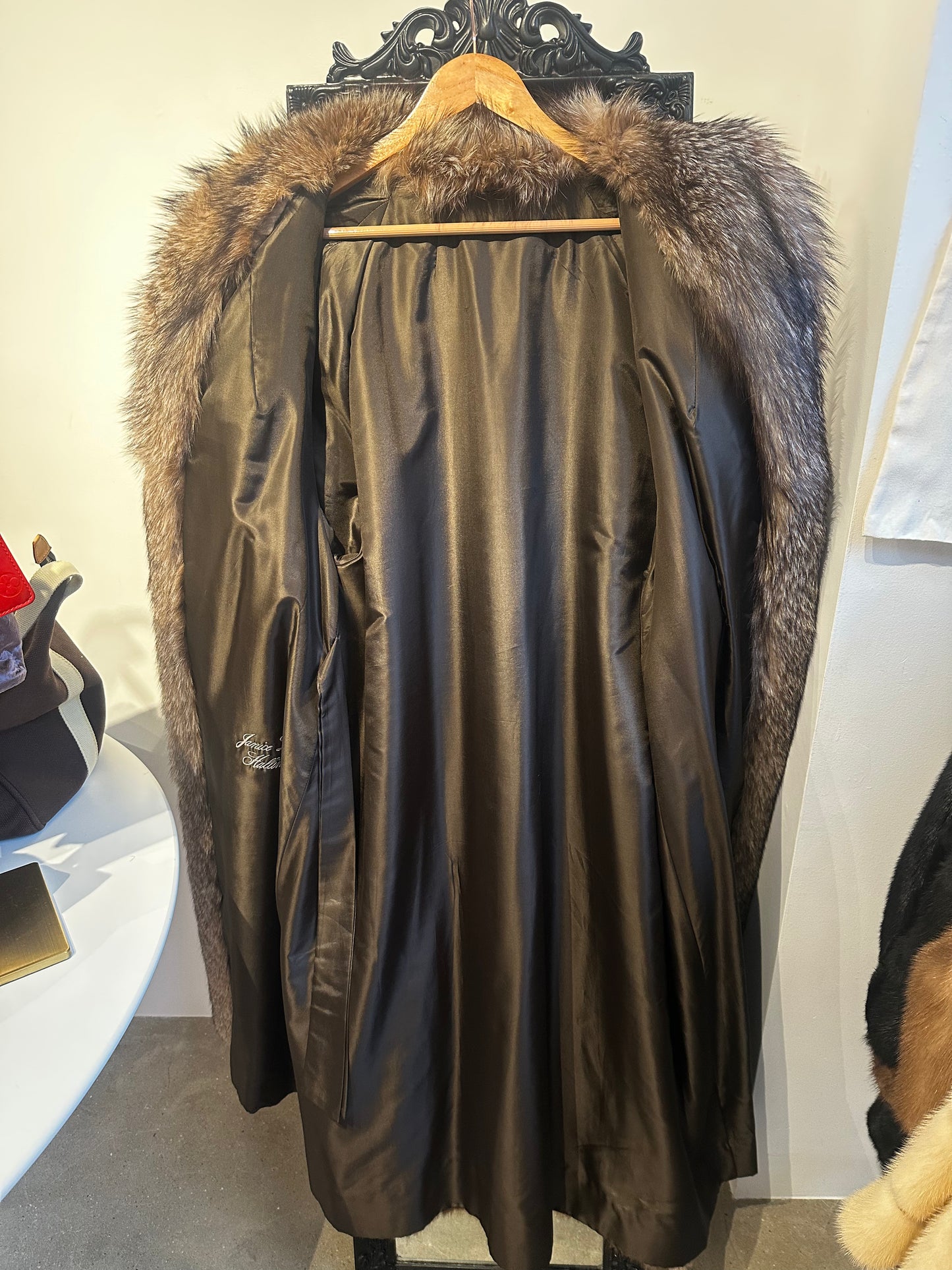 Brown Racoon Fur with Silver Fox Tuxedo Collar Full length