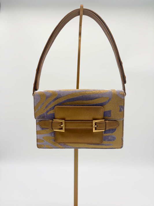 1990s Fendi Lavender and Gold Velvet Animal Print Shoulder Bag