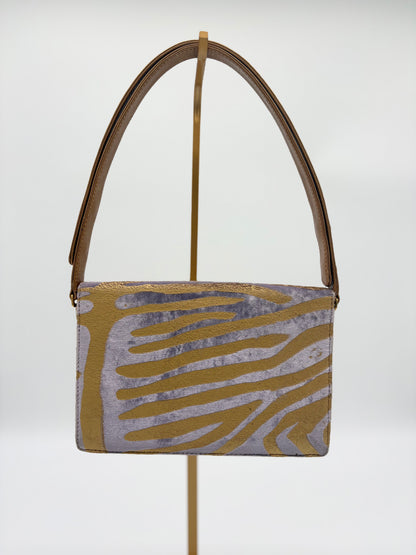 1990s Fendi Lavender and Gold Velvet Animal Print Shoulder Bag