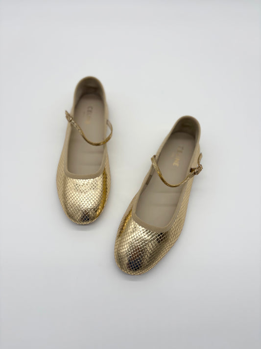 Celine Gold Leather Mary Jane Flats