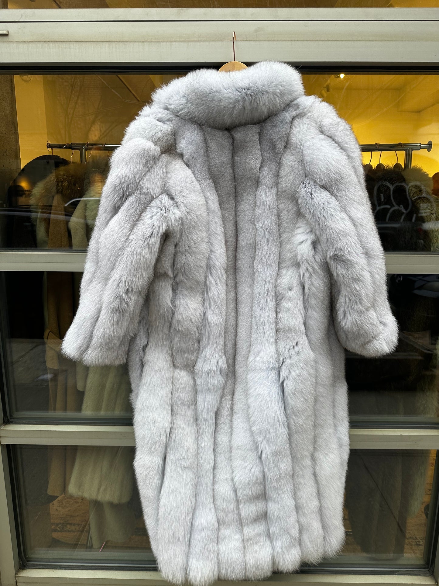 Silver fox fur full length coat
