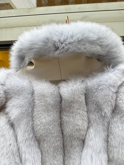 Silver fox fur full length coat