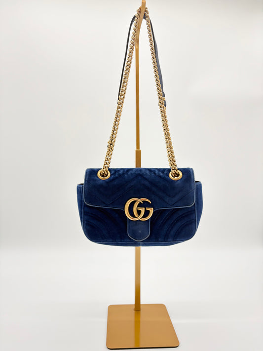 Gucci Marmot Blue Velvet Bag with Gold Hardware