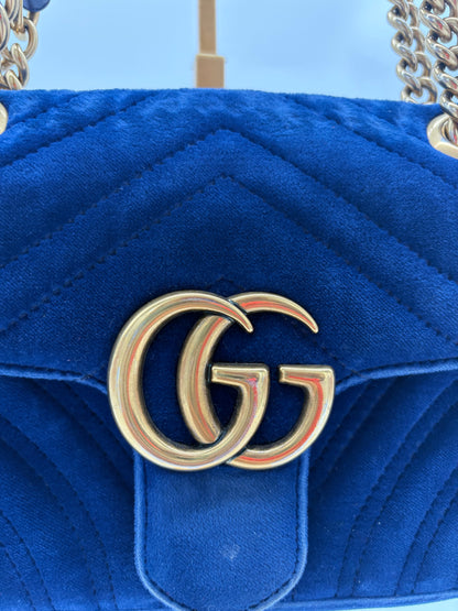 Gucci Marmot Blue Velvet Bag with Gold Hardware