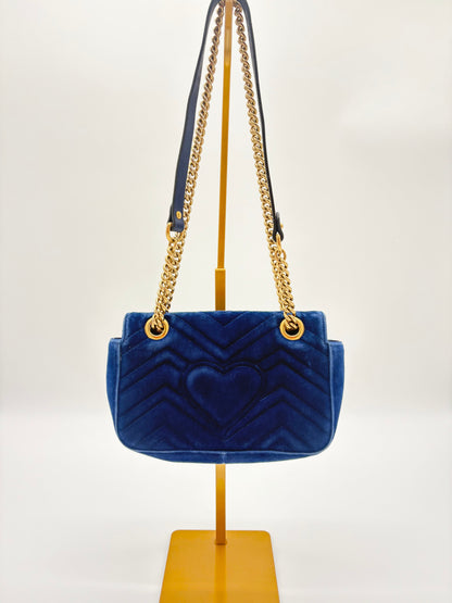 Gucci Marmot Blue Velvet Bag with Gold Hardware