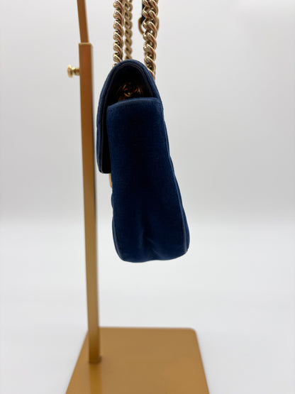 Gucci Marmot Blue Velvet Bag with Gold Hardware