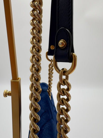 Gucci Marmot Blue Velvet Bag with Gold Hardware