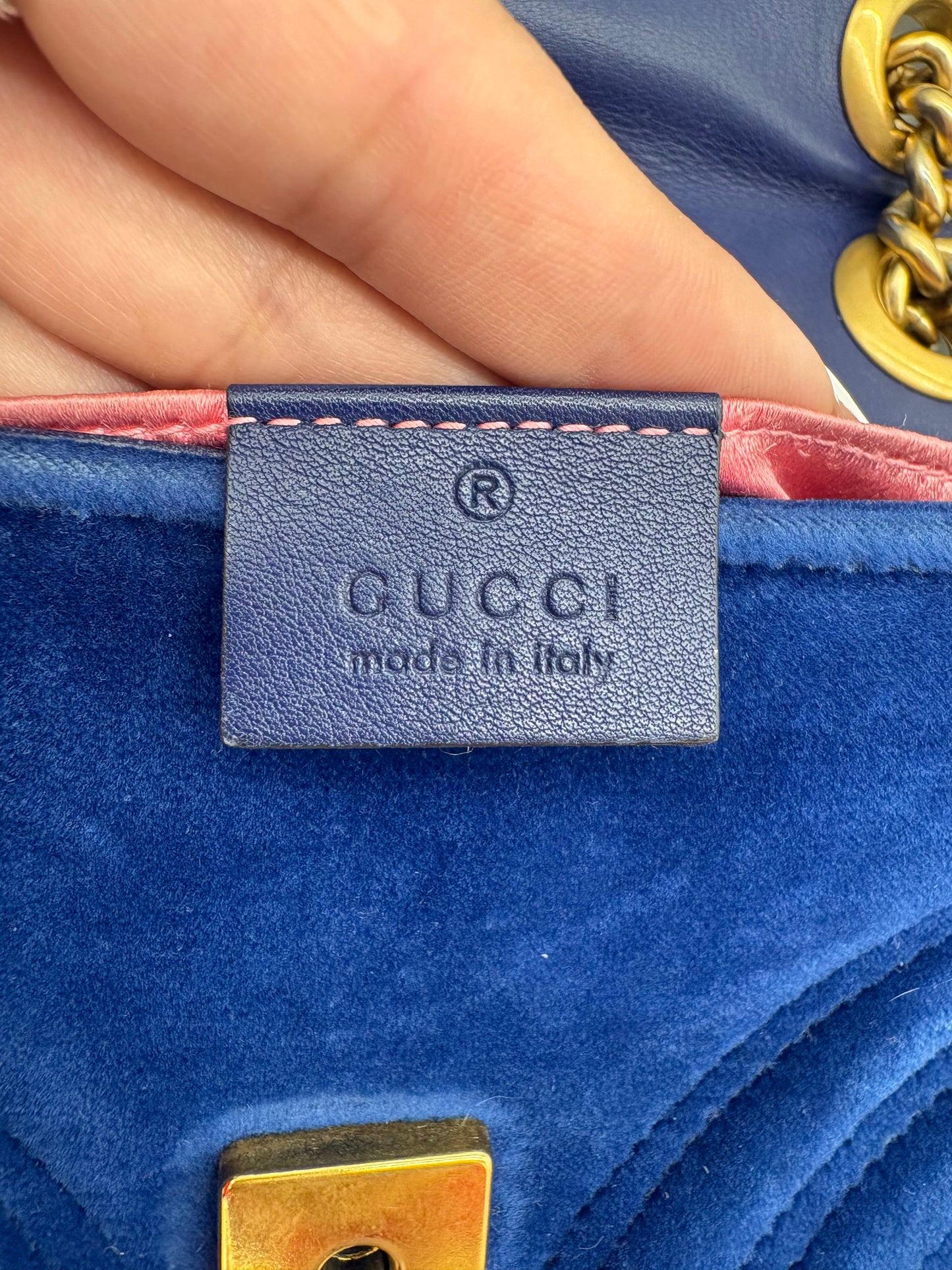 Gucci Marmot Blue Velvet Bag with Gold Hardware