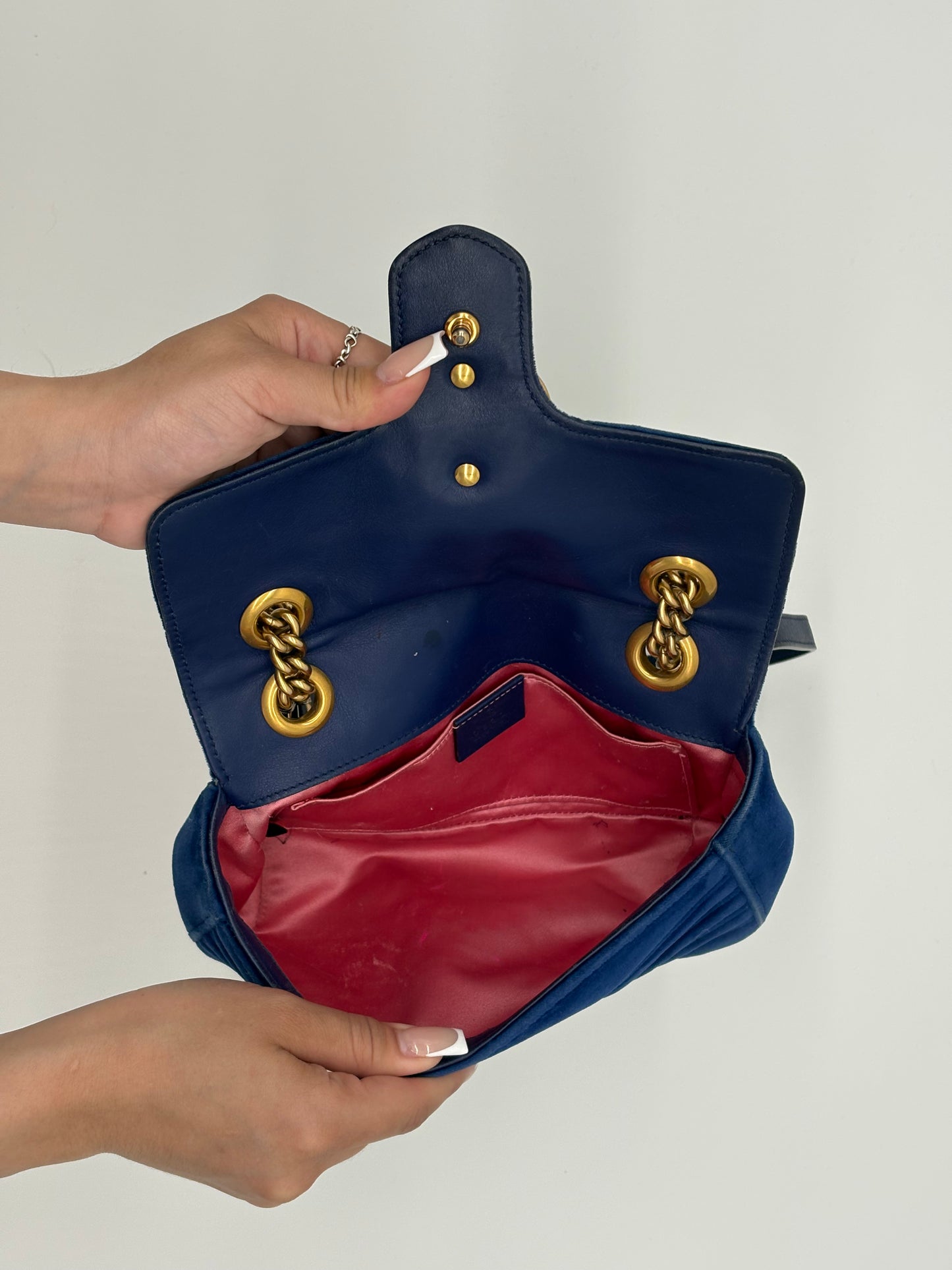 Gucci Marmot Blue Velvet Bag with Gold Hardware