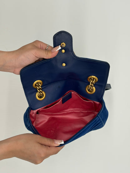 Gucci Marmot Blue Velvet Bag with Gold Hardware