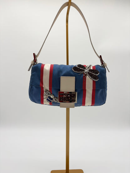Fendi Beaded Blue and White Satin Baguette with marble closure and Leather Strap ***SOLD***