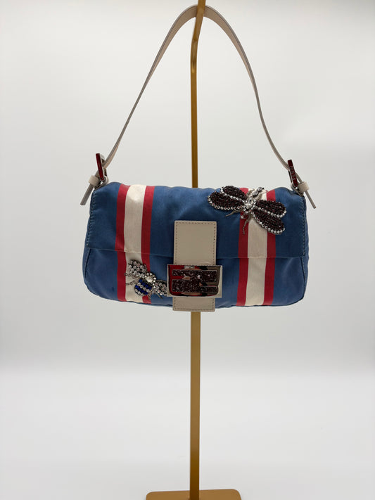 Fendi Beaded Blue and White Satin Baguette with marble closure and Leather Strap ***SOLD***