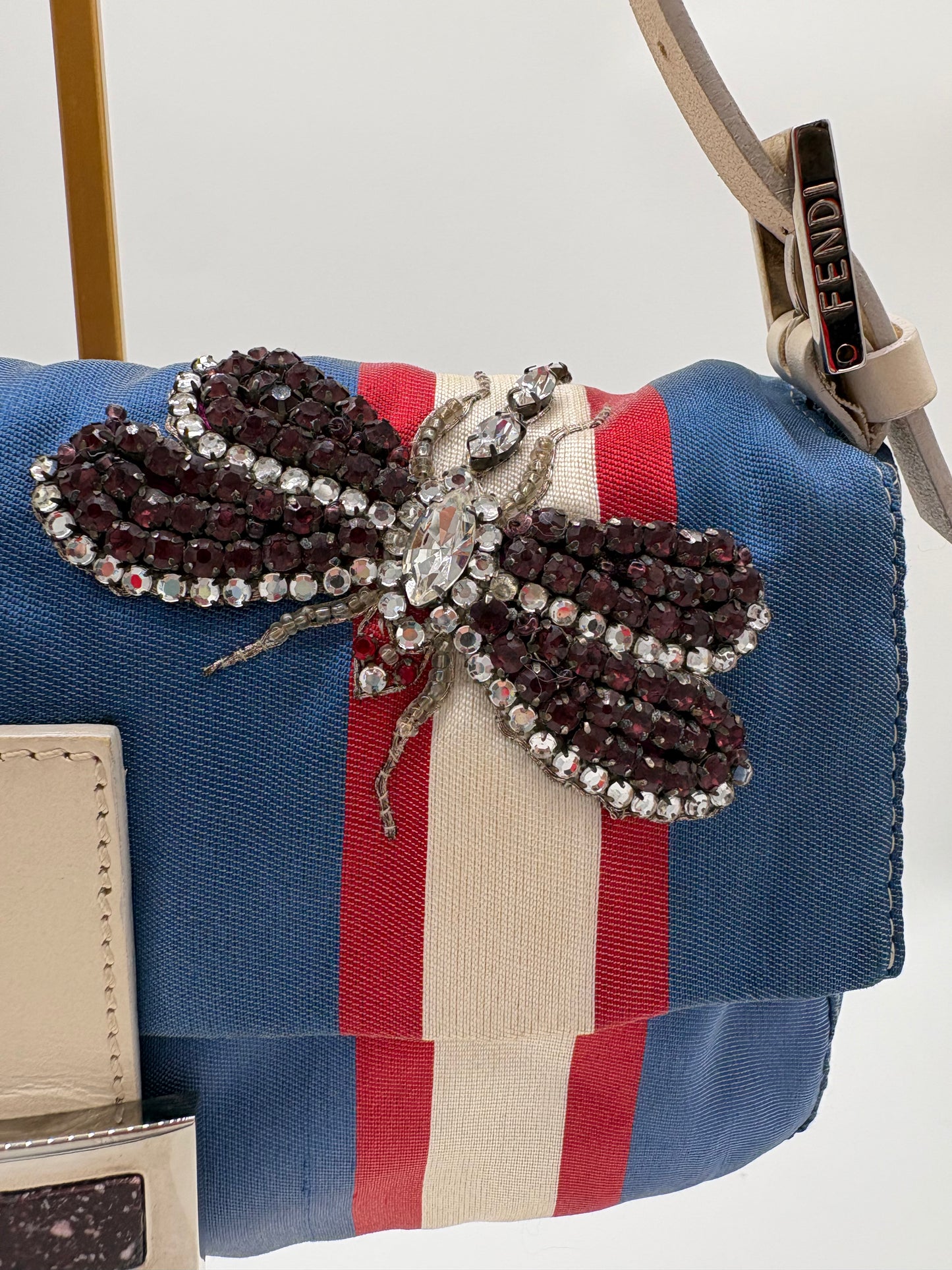 Fendi Beaded Blue and White Satin Baguette with marble closure and Leather Strap ***SOLD***