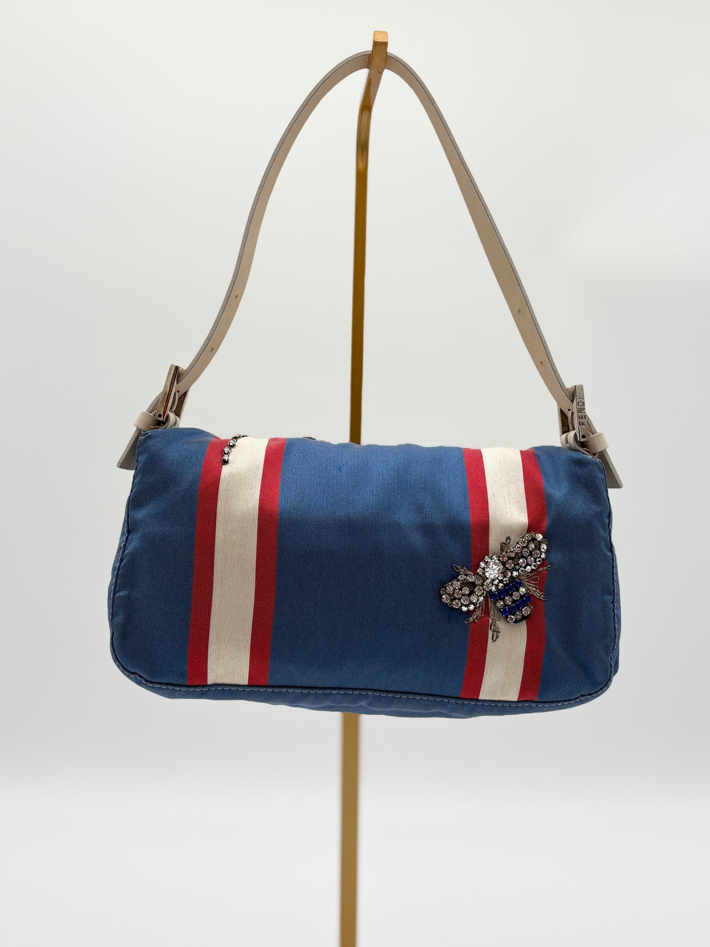 Fendi Beaded Blue and White Satin Baguette with marble closure and Leather Strap ***SOLD***
