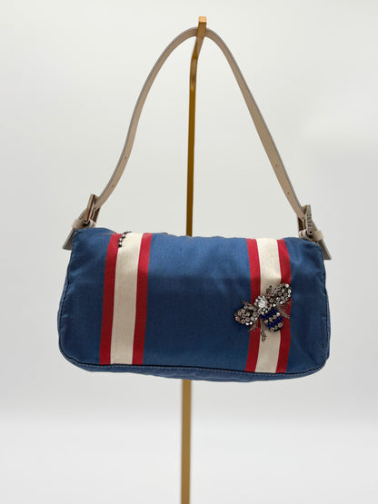 Fendi Beaded Blue and White Satin Baguette with marble closure and Leather Strap ***SOLD***
