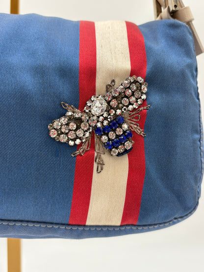 Fendi Beaded Blue and White Satin Baguette with marble closure and Leather Strap ***SOLD***