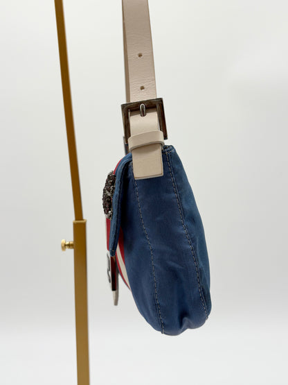Fendi Beaded Blue and White Satin Baguette with marble closure and Leather Strap ***SOLD***