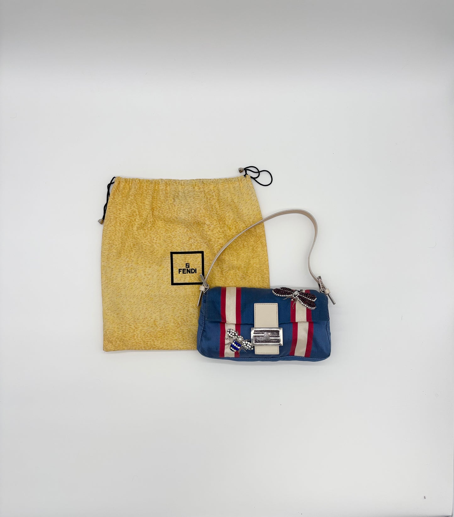 Fendi Beaded Blue and White Satin Baguette with marble closure and Leather Strap ***SOLD***