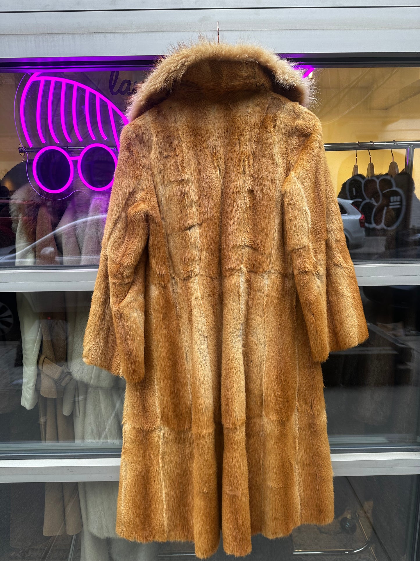Vintage Golden Coyote with Red Fox Collar Full length coat